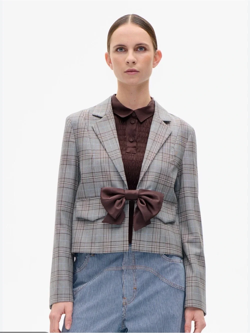 Baum und pferdgarten Cropped Gray Plaid Blazer with Brown Satin Bow Accent